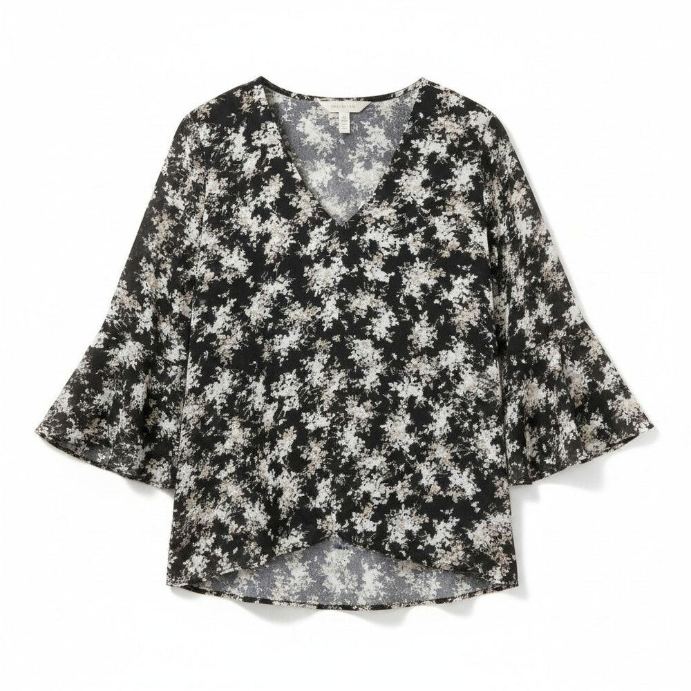 Vince Camuto New Womens Floral Ruffle Sleeve Blouse Black White XS Boho Cottage